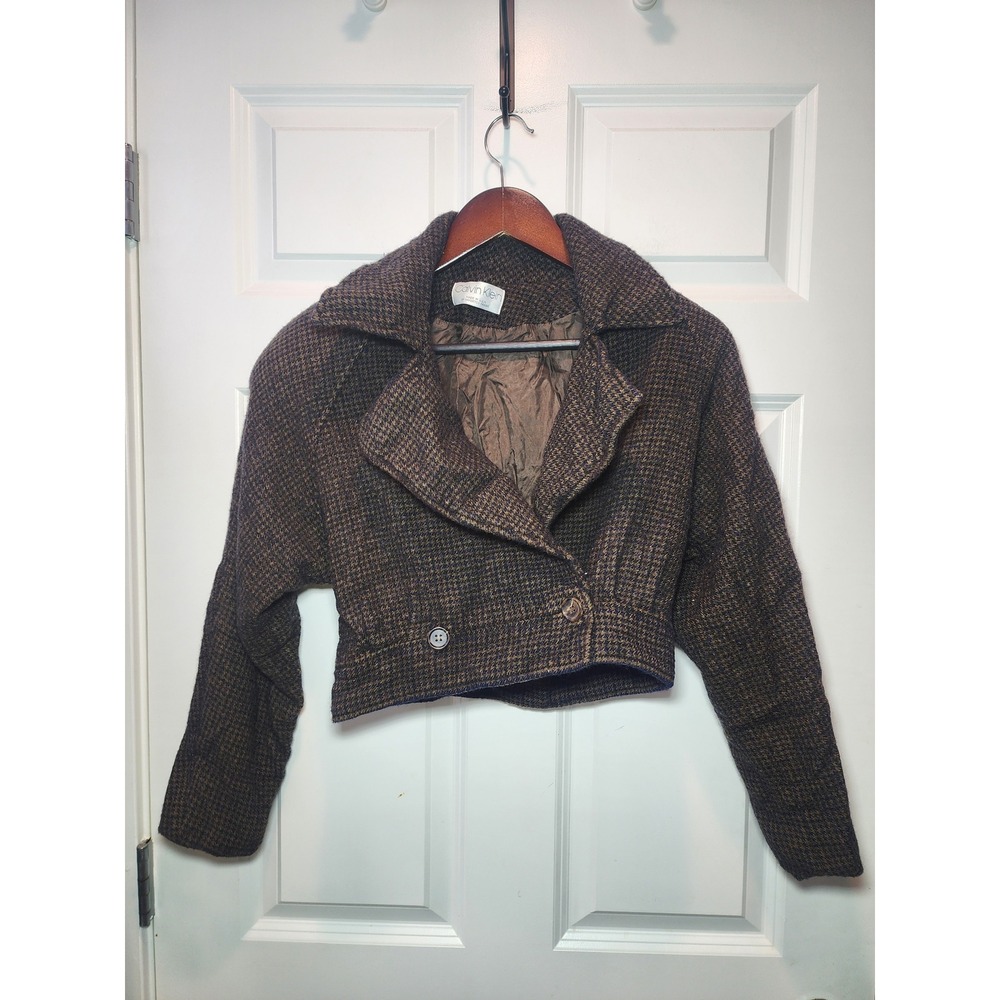 Vintage 80s Calvin Klein Cropped Wool Jacket Brown Houndstooth Silk Lined USA 12